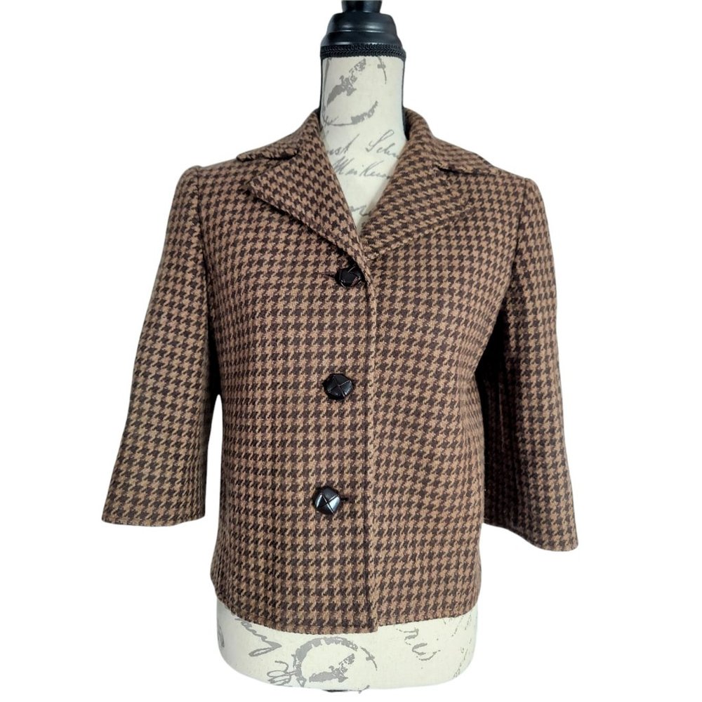 LAUREN RALPH LAUREN Women's Brown Houndstooth Check Wool 3 Button Jacket Size 8